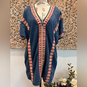 ZARA trf Collection Chambray w/Aztec Embroidered Trim Shirt Dress- oversized S